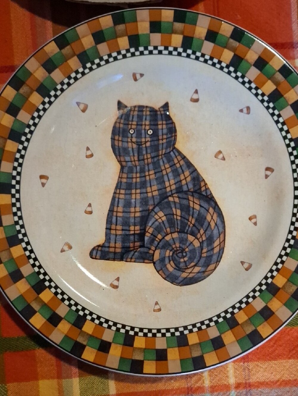 Vintage 1990s Debbie Mumm Halloween Orange Plaid Cat Salad Plates - Set of 4 - Picture 3 of 6